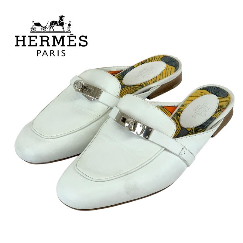 エルメス HERMES オズ フラットシューズ 靴 シューズ レザー ホワイト ミュール ケリー金具