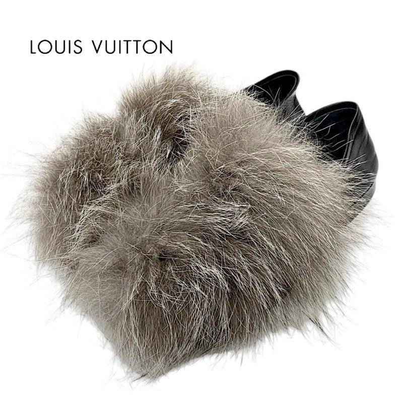 ルイヴィトン LOUIS VUITTON ローファー 革靴 靴 シューズ レザー ファー ブラック グレー 黒 フラットシューズ LV チェーン