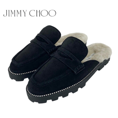 ジミーチュウ JIMMY CHOO フラットシューズ 靴 シューズ スエード ファー ブラック ベージュ 未使用 ミュール ラインストーン