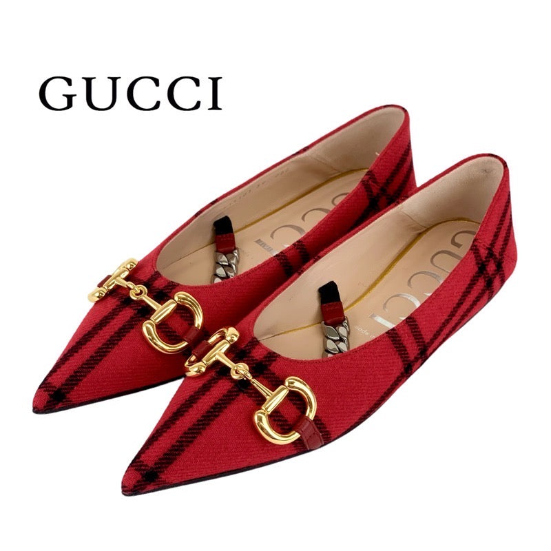 グッチ GUCCI パンプス 靴 シューズ ウール レッド 未使用 フラットパンプス フラットシューズ チェック ホースビット チェーン