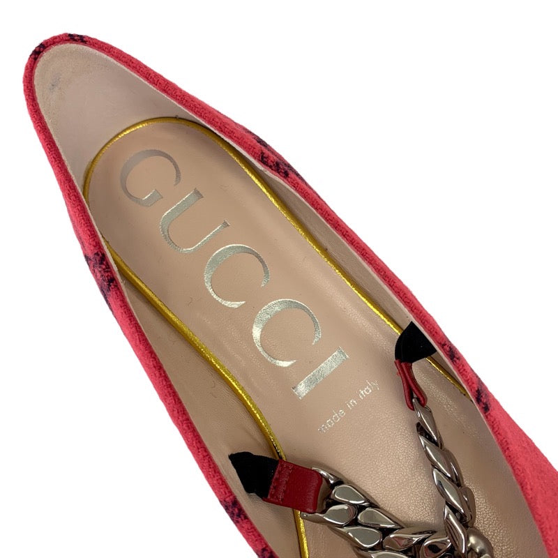 グッチ GUCCI パンプス 靴 シューズ ウール レッド 未使用 フラットパンプス フラットシューズ チェック ホースビット チェーン