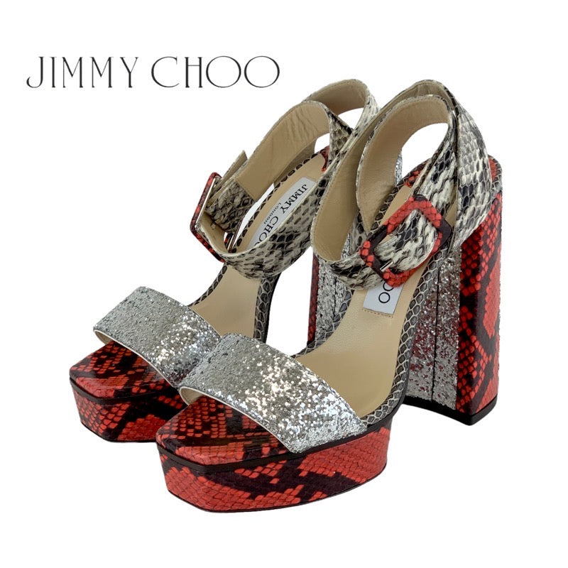 ジミーチュウ JIMMY CHOO サンダル 靴 シューズ レザー レッド シルバー ベージュ パイソン ベルト グリッター