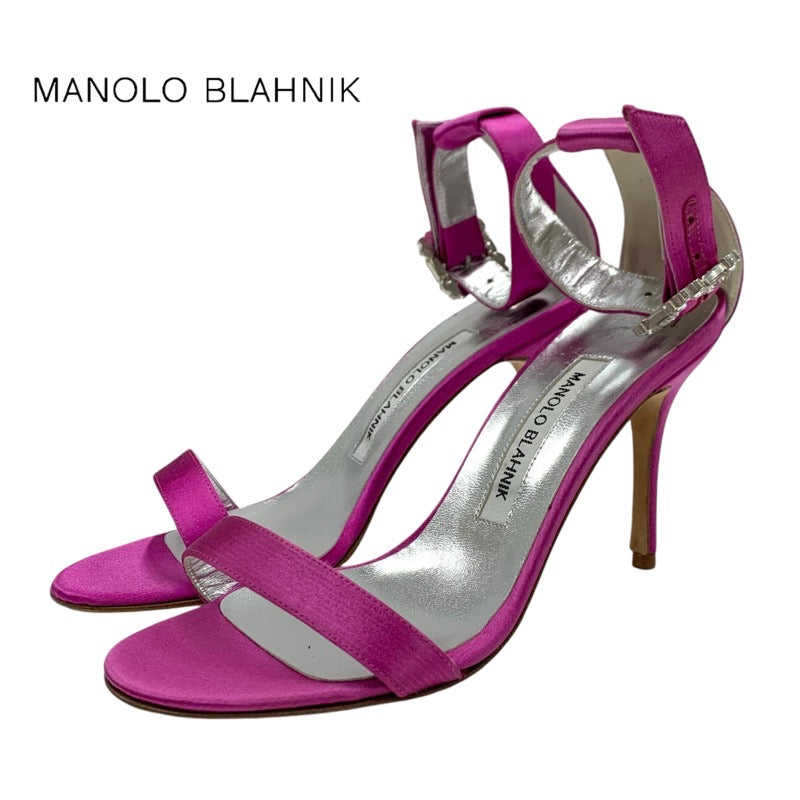 マノロブラニク MANOLO BLAHNIK サンダル 靴 シューズ サテン ピンク系 ビジュー アンクルストラップ パーティーシューズ