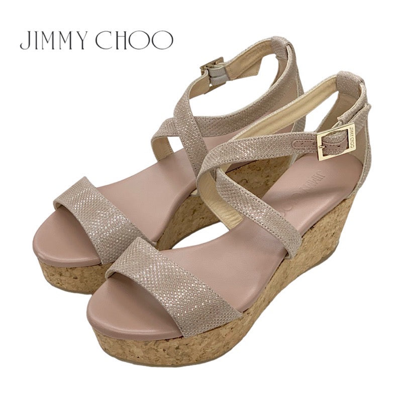 ジミーチュウ JIMMY CHOO サンダル 靴 シューズ レザー コルク ピンクベージュ クロスストラップ ウェッジソール ラメ