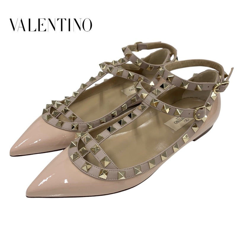 Valentino Pumps, Shoes, Patent Leather, Pink, Pink Beige, Gold, Unused, Rock Studs, Flat Shoes, Strap