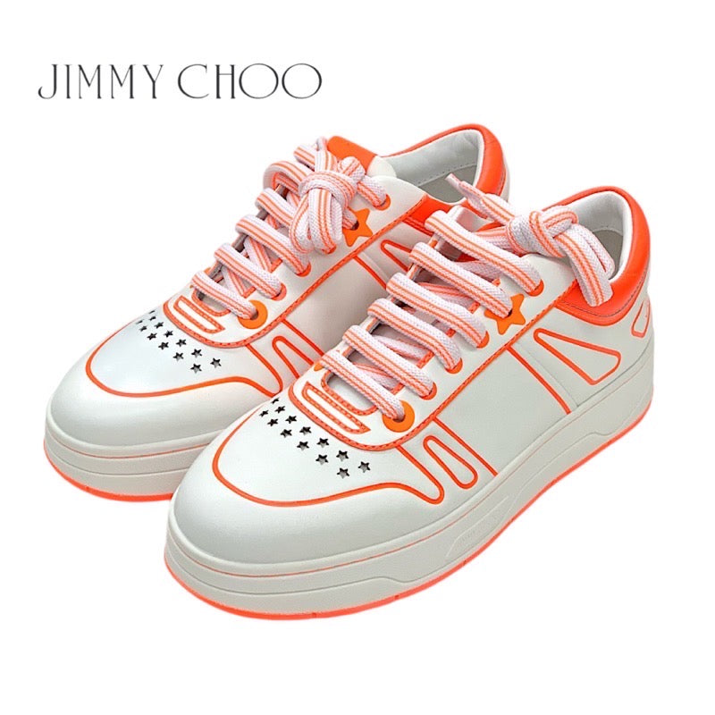 ジミーチュウ JIMMY CHOO スニーカー 靴 シューズ レザー ホワイト ネオンオレンジ 白 未使用 ロゴ