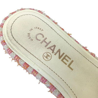 シャネル CHANEL サンダル 靴 シューズ ファブリック ピンク ホワイト ミュール ココマーク ロゴ 刺繍 ストライプ