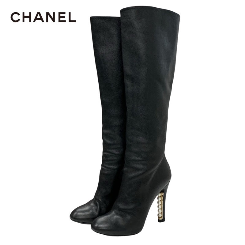 Chanel CHANEL boots, long boots, shoes, leather, black, coco mark, pearl, back zip