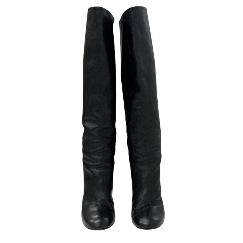 Chanel CHANEL boots, long boots, shoes, leather, black, coco mark, pearl, back zip