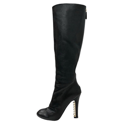 Chanel CHANEL boots, long boots, shoes, leather, black, coco mark, pearl, back zip