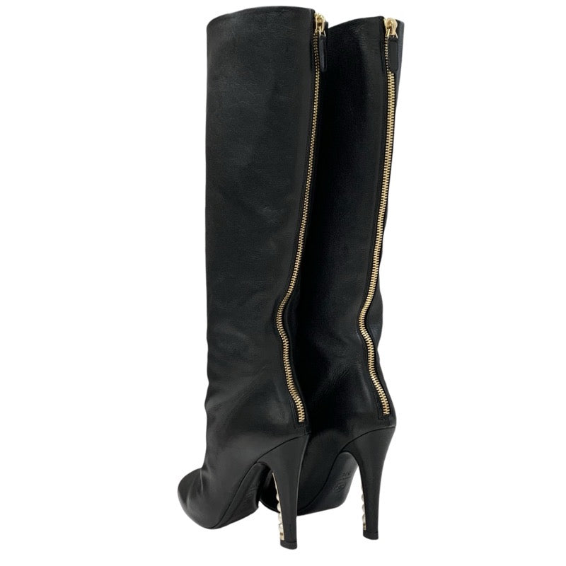 Chanel CHANEL boots, long boots, shoes, leather, black, coco mark, pearl, back zip