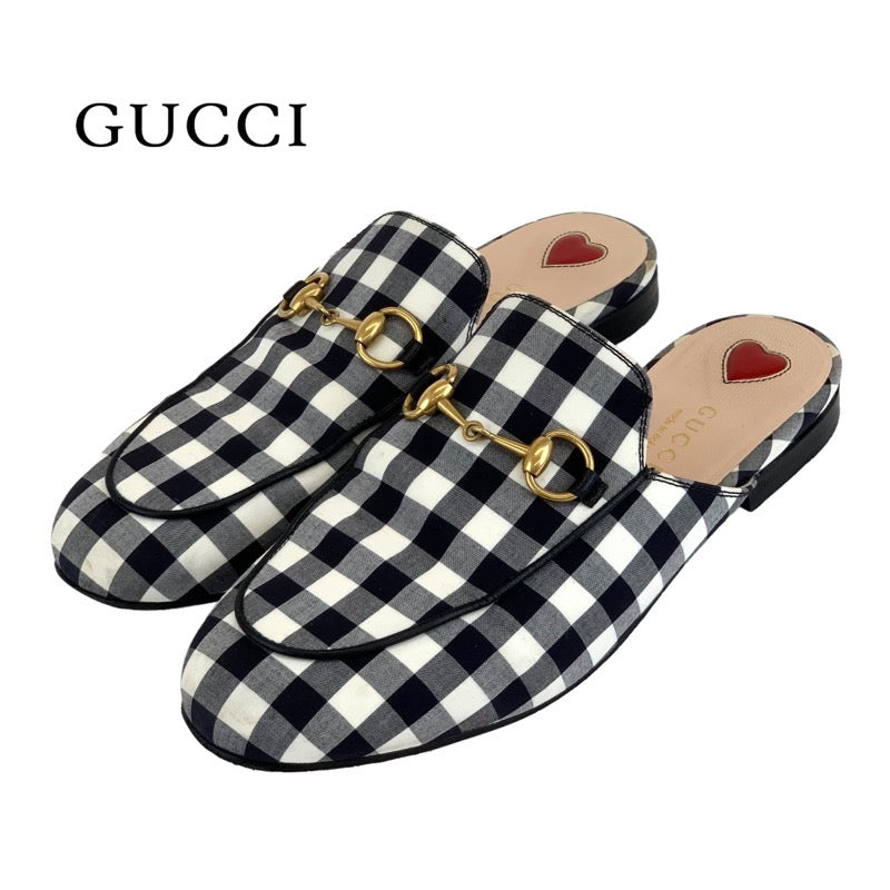 グッチ GUCCI プリンスタウン フラットシューズ 靴 シューズ ファブリック ブラック ホワイト ミュール ホースビット チェック