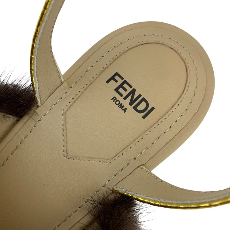 フェンディ FENDI ファースト サンダル 靴 シューズ ミンクファー レザー ブラウン系 ホワイト ゴールド 未使用 ウェッジソール