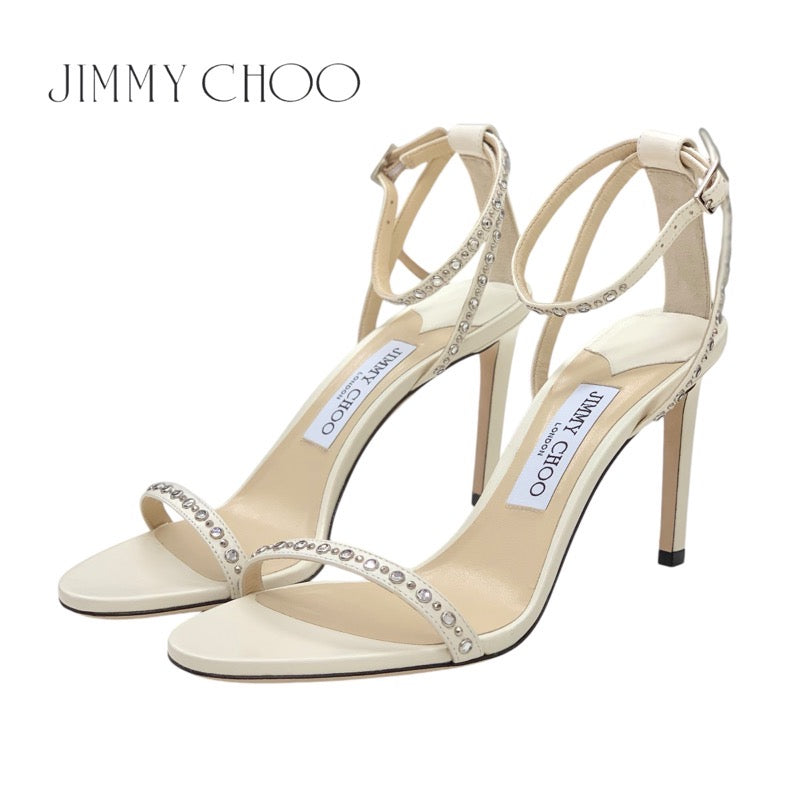 ジミーチュウ JIMMY CHOO MINNY 85 サンダル 靴 シューズ レザー ホワイト 白 ラインストーン ストラップ スタッズ パーティーシューズ