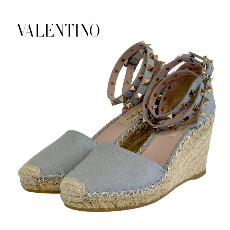 ヴァレンティノ VALENTINO パンプス 靴 シューズ レザー グレー系 ゴールド ロックスタッズ ウェッジソール エスパドリーユ