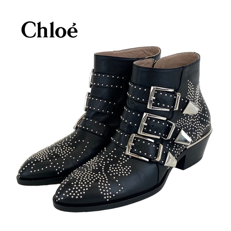 クロエ Chloe susanna ブーツ ショートブーツ 靴 シューズ レザー ブラック シルバー 未使用 スタッズ ベルト