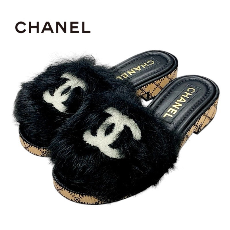 Chanel Sandals Shoes Fur Black White Black Coco Mark Mule