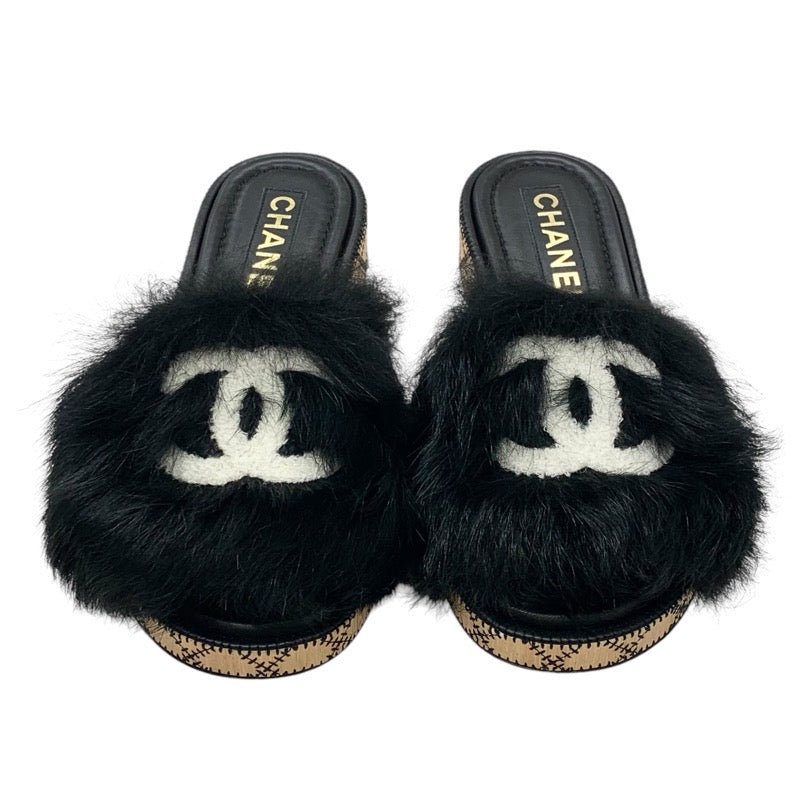 Chanel Sandals Shoes Fur Black White Black Coco Mark Mule