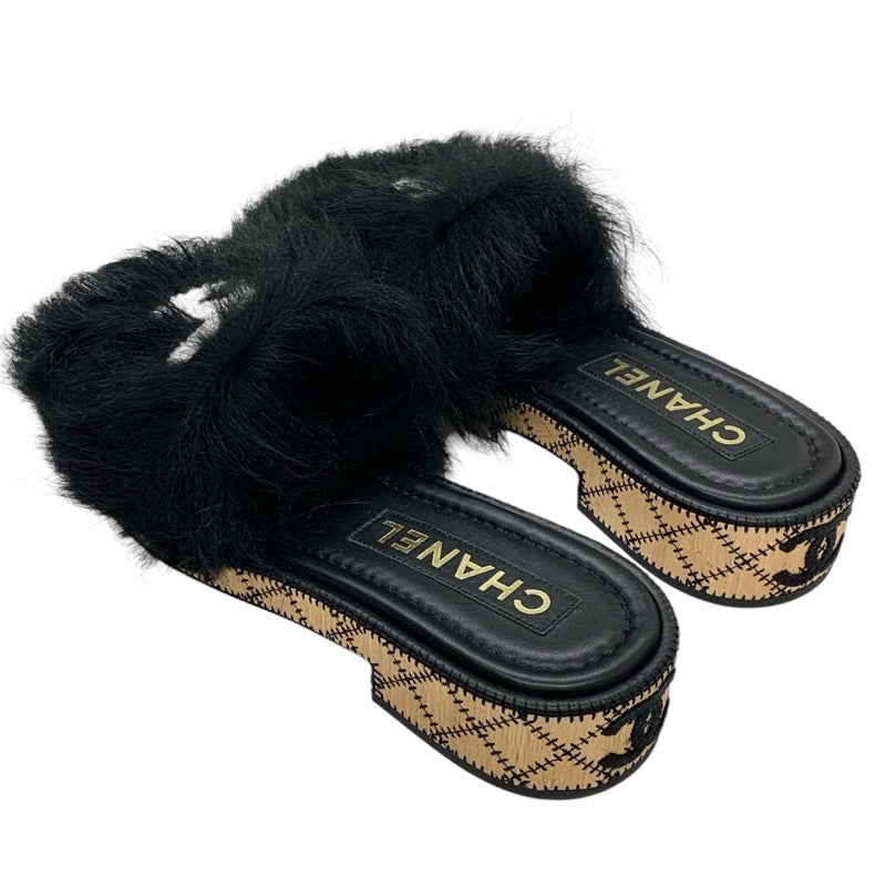 Chanel Sandals Shoes Fur Black White Black Coco Mark Mule