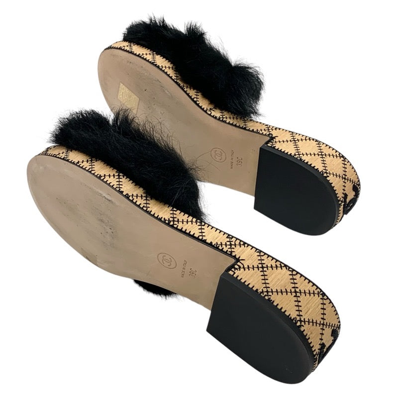 Chanel Sandals Shoes Fur Black White Black Coco Mark Mule