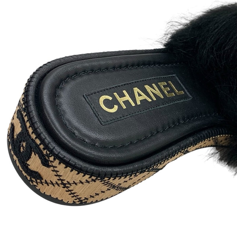 Chanel Sandals Shoes Fur Black White Black Coco Mark Mule