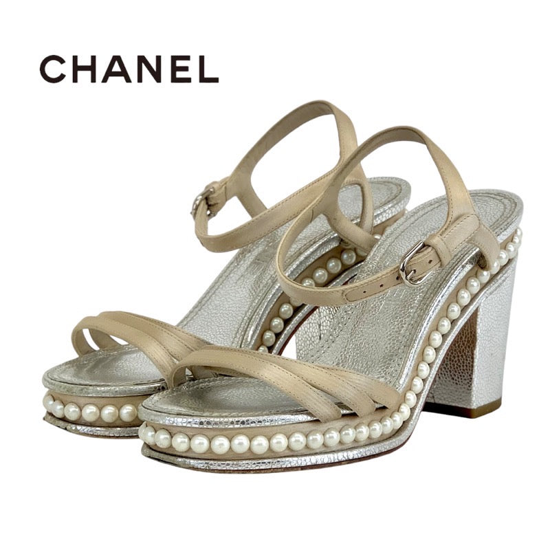 Chanel Sandals, Shoes, Leather, Satin, Beige, Silver, Coco Mark, Pearl