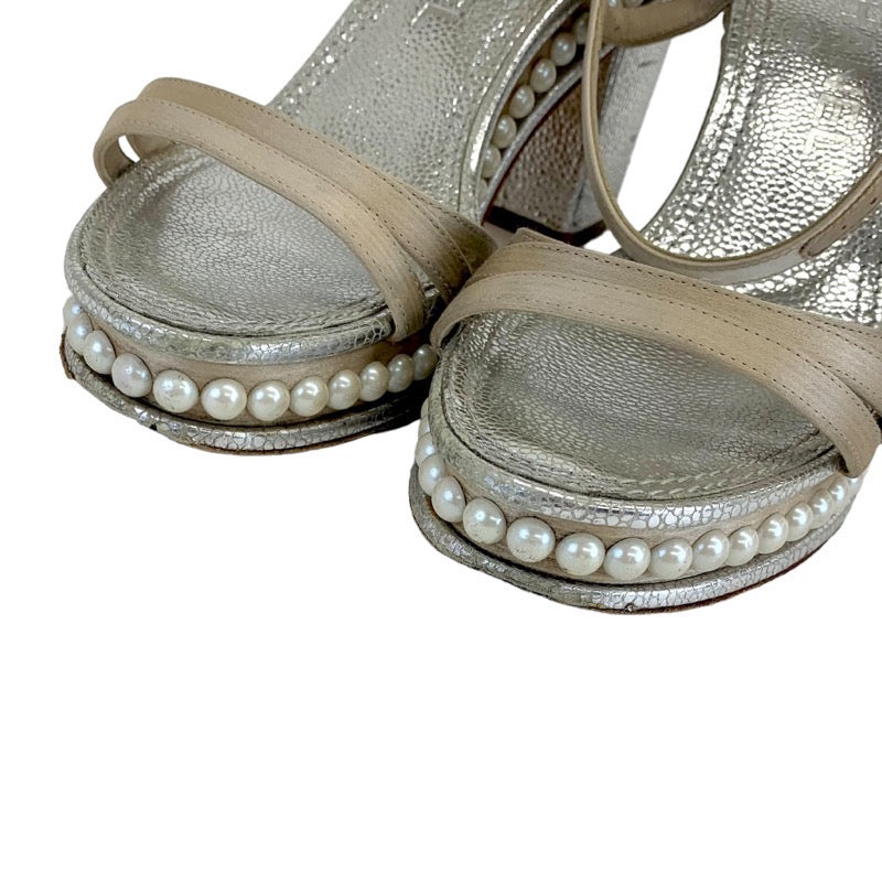 Chanel Sandals, Shoes, Leather, Satin, Beige, Silver, Coco Mark, Pearl