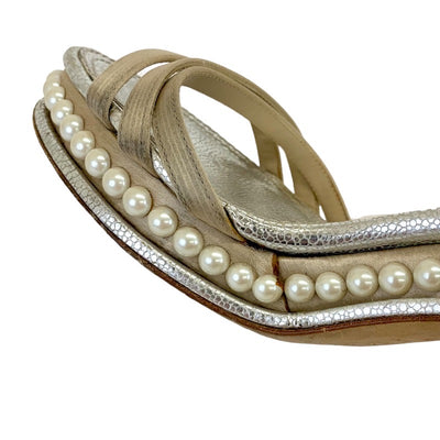 Chanel Sandals, Shoes, Leather, Satin, Beige, Silver, Coco Mark, Pearl