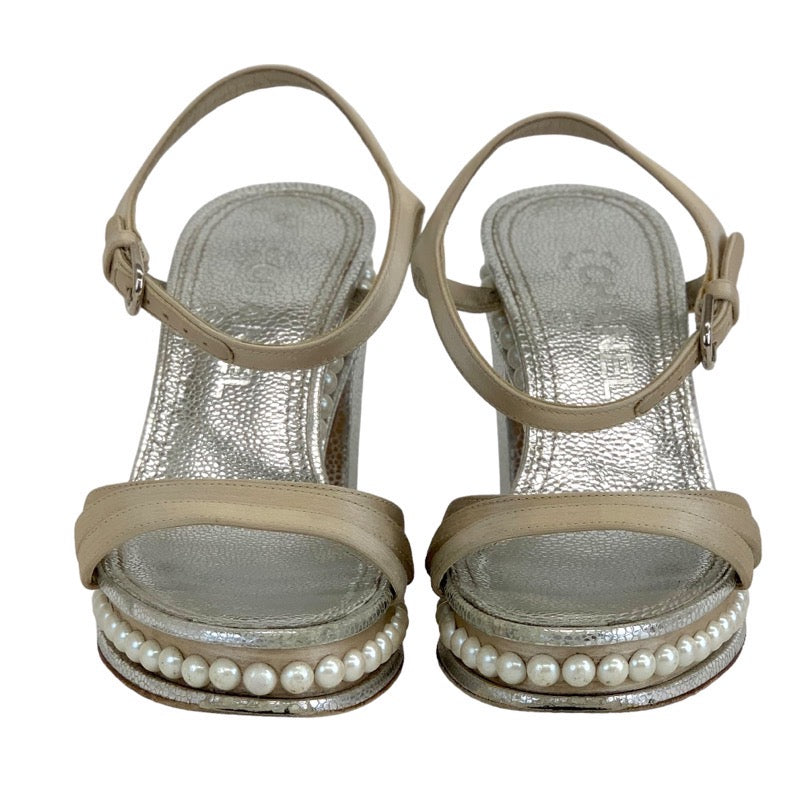 Chanel Sandals, Shoes, Leather, Satin, Beige, Silver, Coco Mark, Pearl