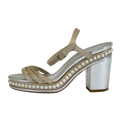 Chanel Sandals, Shoes, Leather, Satin, Beige, Silver, Coco Mark, Pearl