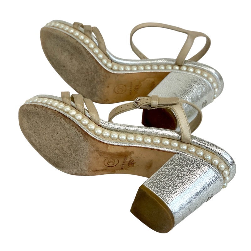 Chanel Sandals, Shoes, Leather, Satin, Beige, Silver, Coco Mark, Pearl