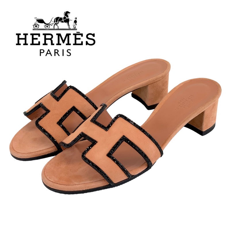 Hermes Oazis Sandals Shoes Suede Salmon Pink Black Mule Stone