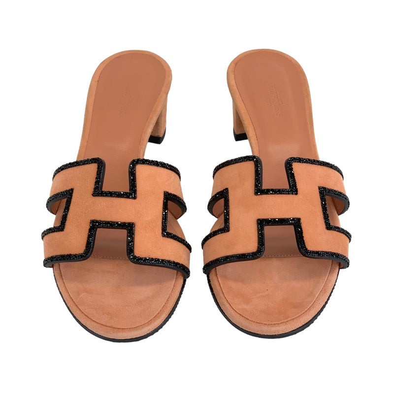 Hermes Oazis Sandals Shoes Suede Salmon Pink Black Mule Stone