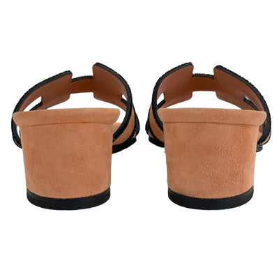 Hermes Oazis Sandals Shoes Suede Salmon Pink Black Mule Stone