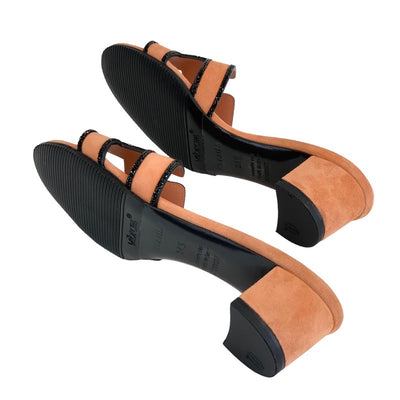 Hermes Oazis Sandals Shoes Suede Salmon Pink Black Mule Stone