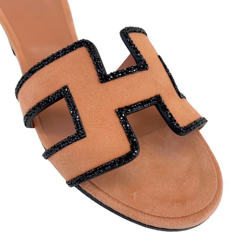 Hermes Oazis Sandals Shoes Suede Salmon Pink Black Mule Stone