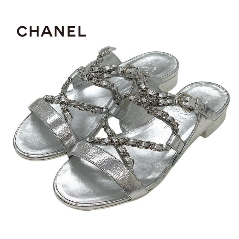 Chanel CHANEL sandals, shoes, leather, silver, unused, flat sandals, mules, coco mark, chain