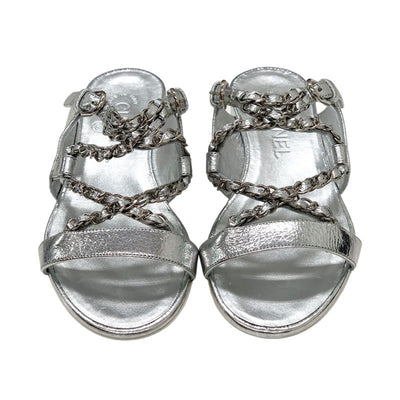 Chanel CHANEL sandals, shoes, leather, silver, unused, flat sandals, mules, coco mark, chain