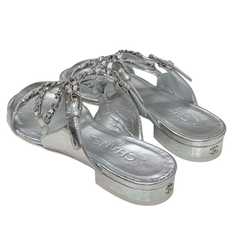 Chanel CHANEL sandals, shoes, leather, silver, unused, flat sandals, mules, coco mark, chain