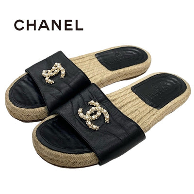 Chanel CHANEL Sandals, Shoes, Leather, Black, Coco Mark, Pearl, Espadrilles, Flat Sandals