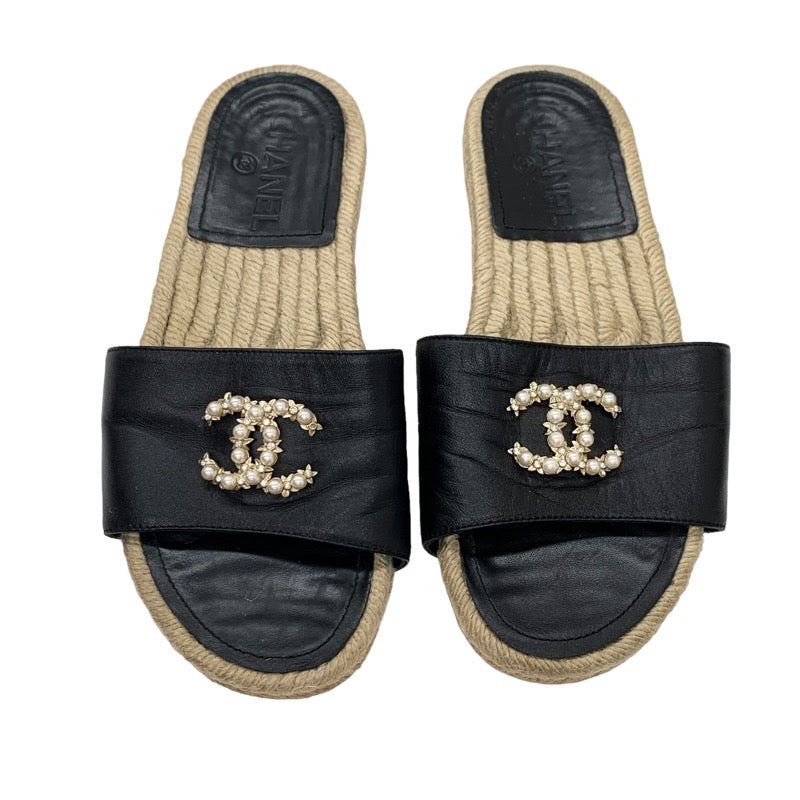 Chanel CHANEL Sandals, Shoes, Leather, Black, Coco Mark, Pearl, Espadrilles, Flat Sandals