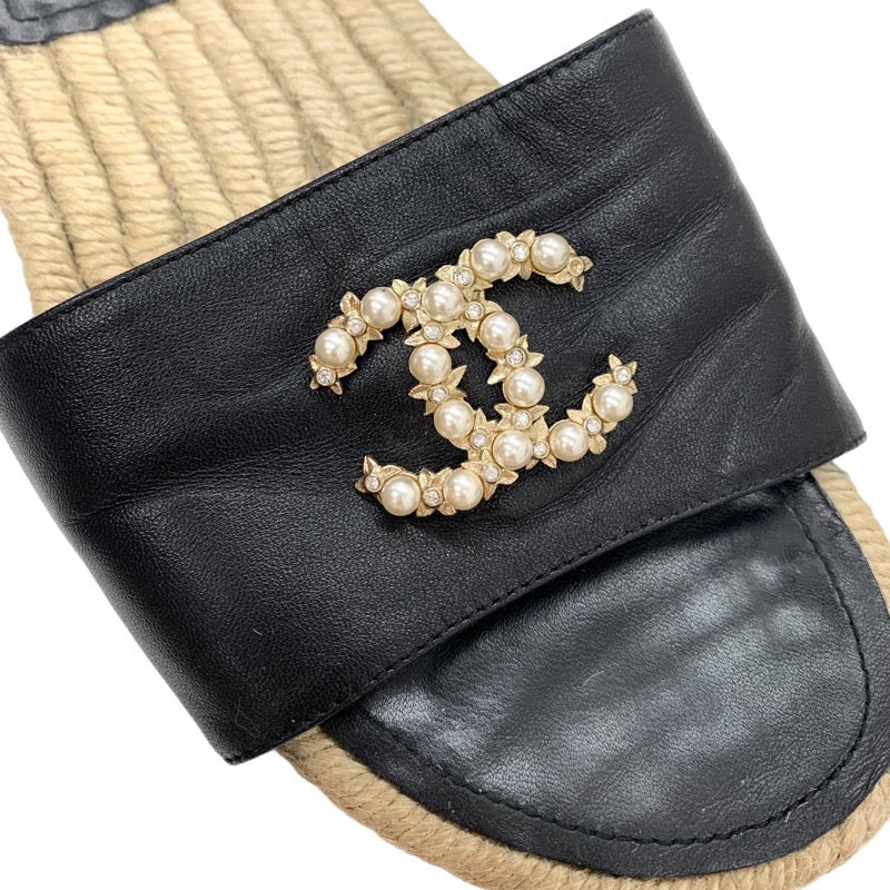 Chanel CHANEL Sandals, Shoes, Leather, Black, Coco Mark, Pearl, Espadrilles, Flat Sandals