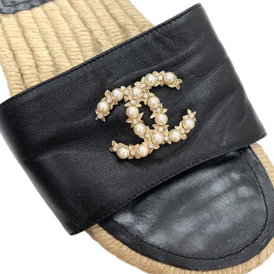 シャネル CHANEL サンダル 靴 シューズ レザー ブラック 黒 ココマーク パール エスパドリーユ フラットサンダル