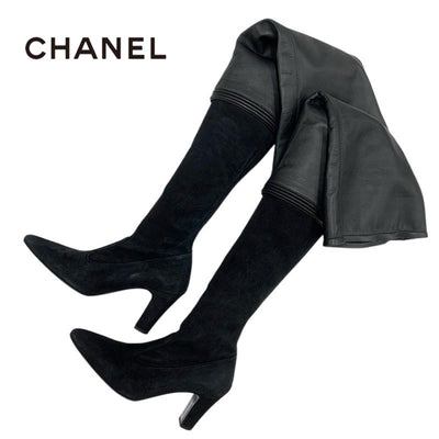 Chanel CHANEL boots, long boots, shoes, leather, suede, black, thigh high boots, knee high boots, coco mark