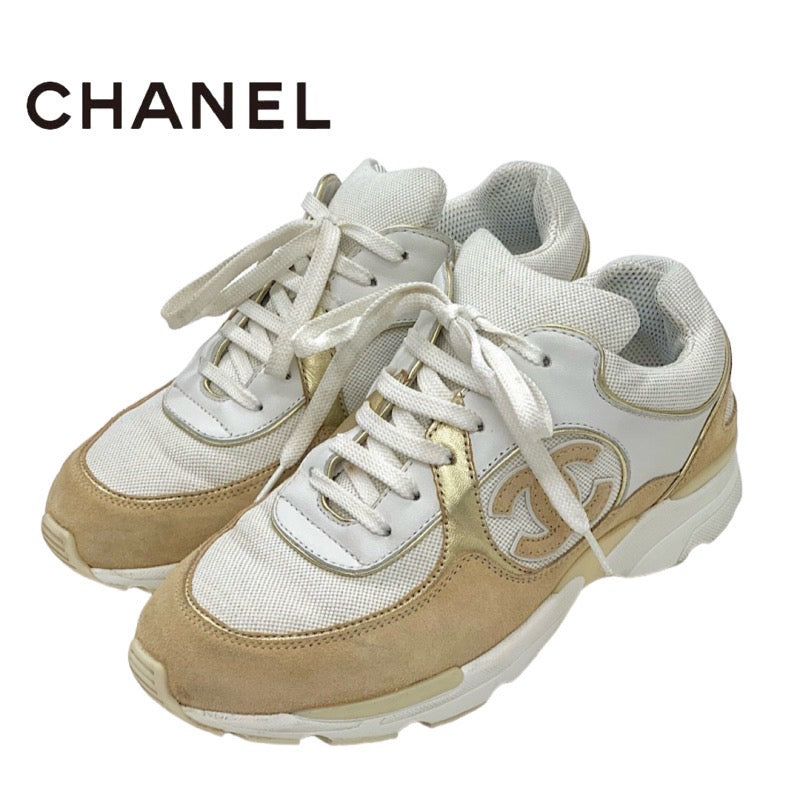 Chanel CHANEL sneakers shoes fabric leather suede white beige gold coco mark mesh