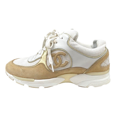 Chanel CHANEL sneakers shoes fabric leather suede white beige gold coco mark mesh