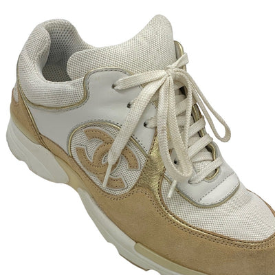 Chanel CHANEL sneakers shoes fabric leather suede white beige gold coco mark mesh