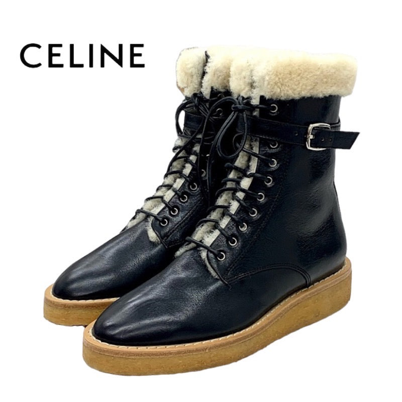 セリーヌ CELINE ブーツ ショートブーツ 靴 シューズ レザー ムートン ブラック ホワイト 未使用 ムートンブーツ レースアップ ベルト
