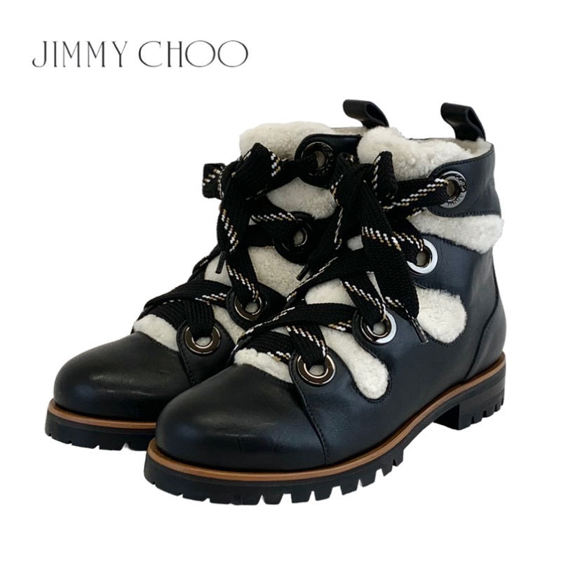 ジミーチュウ JIMMY CHOO ブーツ ショートブーツ 靴 シューズ レザー ムートン ブラック ホワイト ムートンブーツ レースアップ ボア