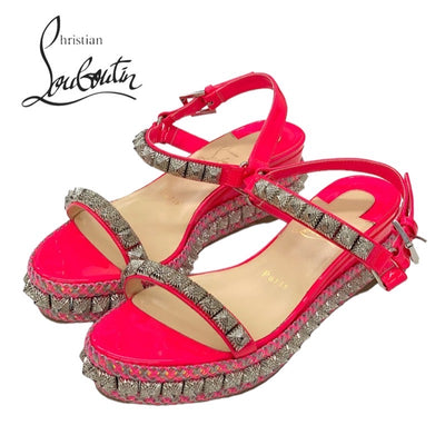 Christian Louboutin Pilariad Sandals Shoes Patent Pink Silver Wedge Sole Studs